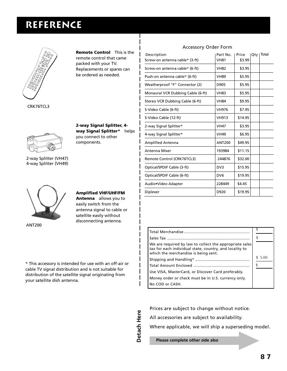 Reference, Detach her e, Accessory order form | Crk76tcl3, Ant200 | RCA F38310 User Manual | Page 91 / 100