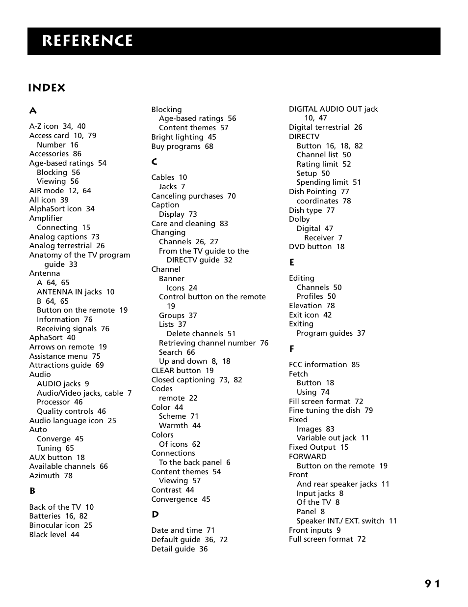 Index, Reference | RCA F38310 User Manual | Page 95 / 100