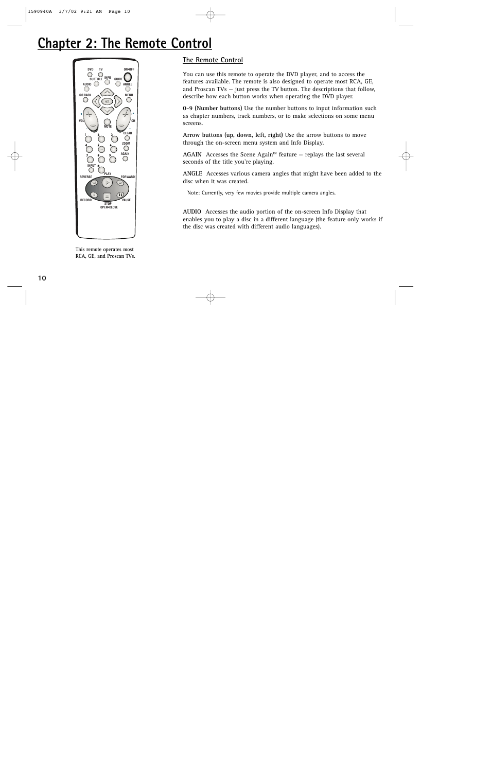 Chapter 2: the remote control, 10 the remote control | RCA DRC220N User Manual | Page 12 / 68