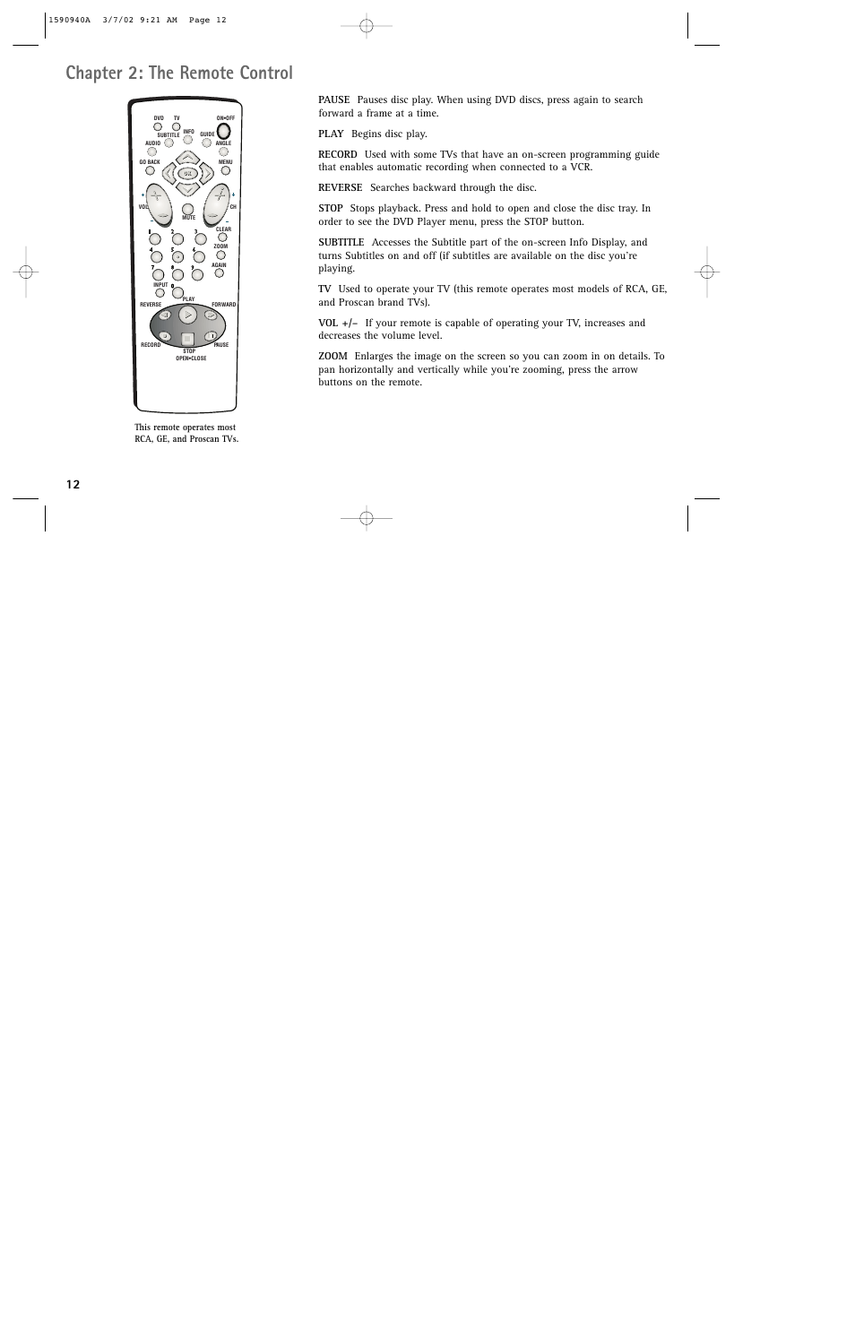 Chapter 2: the remote control | RCA DRC220N User Manual | Page 14 / 68