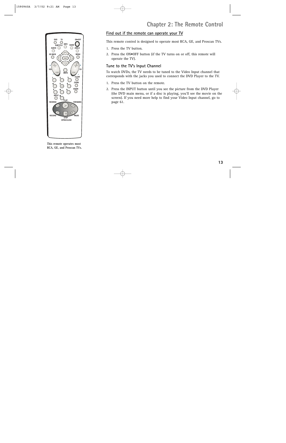 Chapter 2: the remote control, Find out if the remote can operate your tv, Tune to the tv’s input channel | RCA DRC220N User Manual | Page 15 / 68