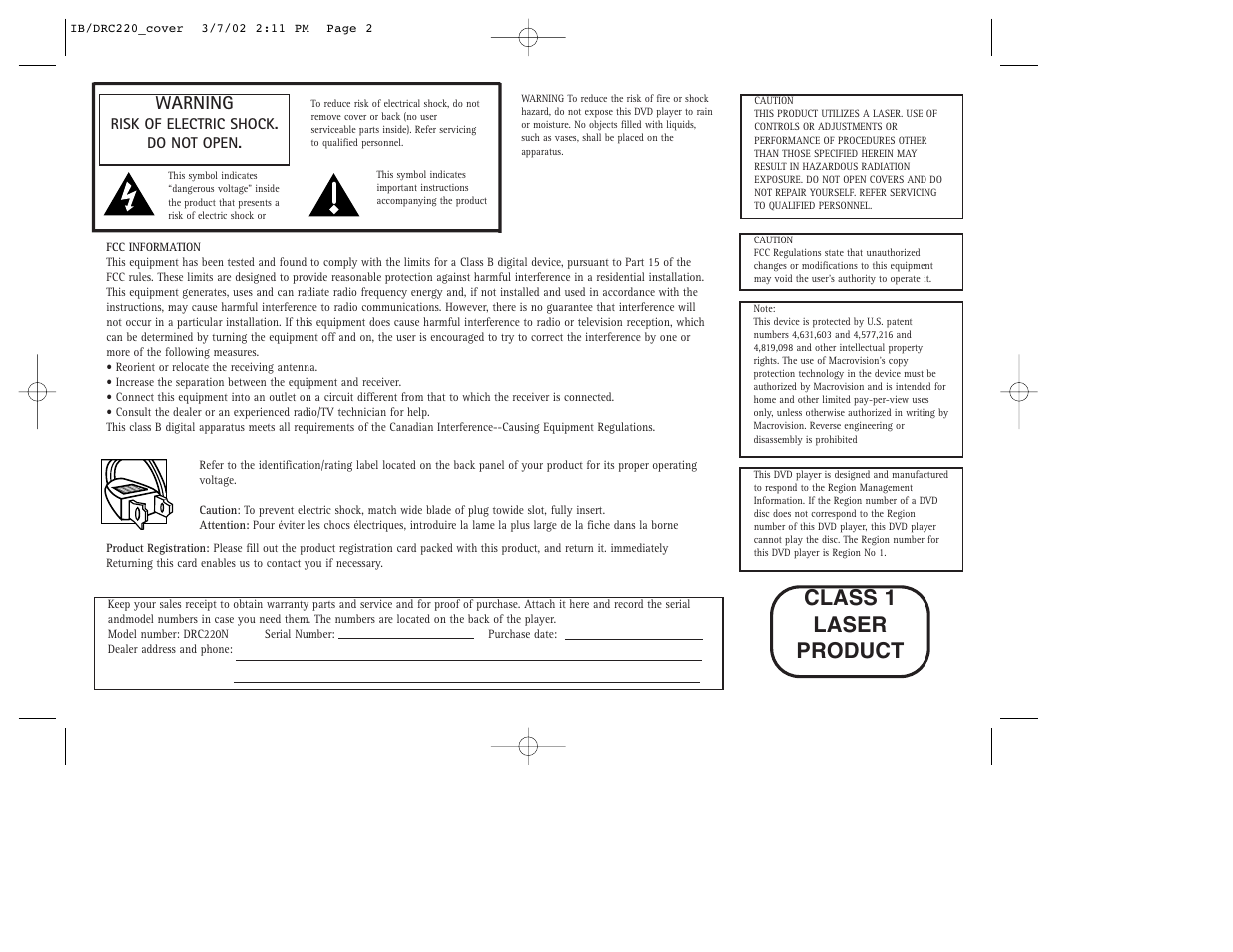 Class 1 laser product, Warning | RCA DRC220N User Manual | Page 2 / 68