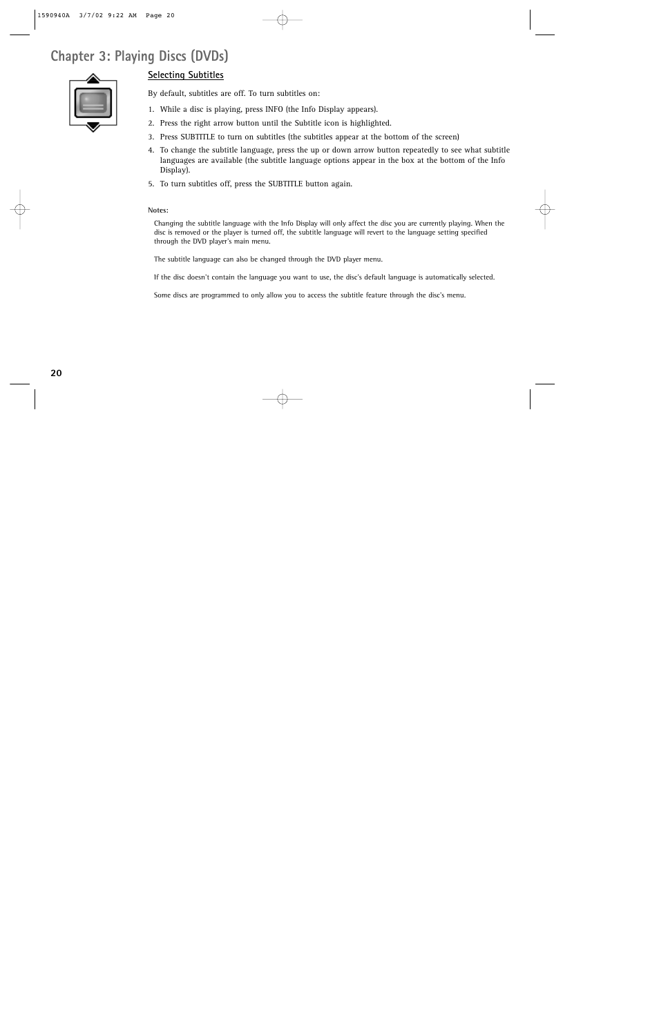 Chapter 3: playing discs (dvds) | RCA DRC220N User Manual | Page 22 / 68