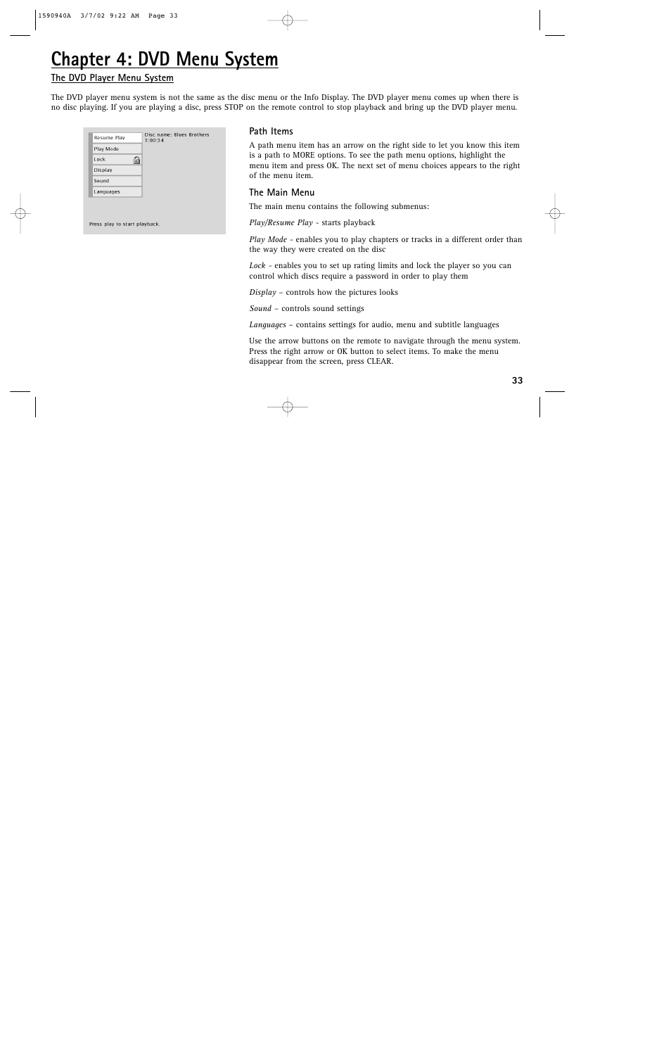 Chapter 4: dvd menu system | RCA DRC220N User Manual | Page 35 / 68