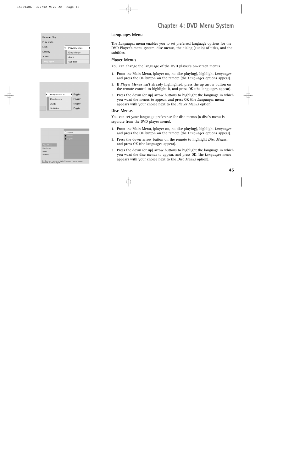 Chapter 4: dvd menu system | RCA DRC220N User Manual | Page 47 / 68