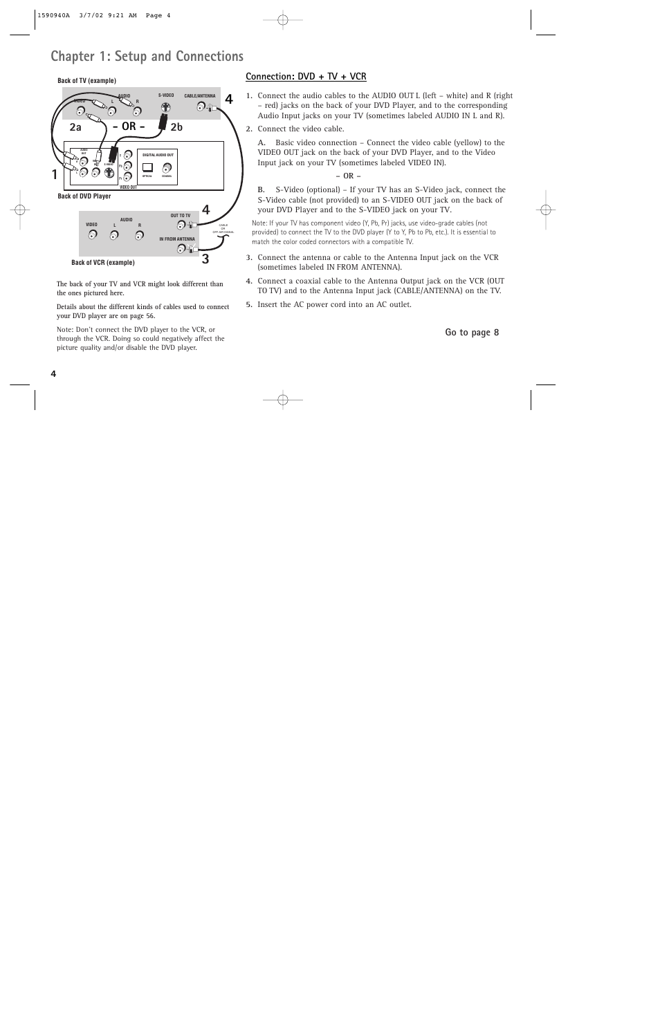 Chapter 1: setup and connections, 2a 2b, Connection: dvd + tv + vcr | Go to page 8 | RCA DRC220N User Manual | Page 6 / 68