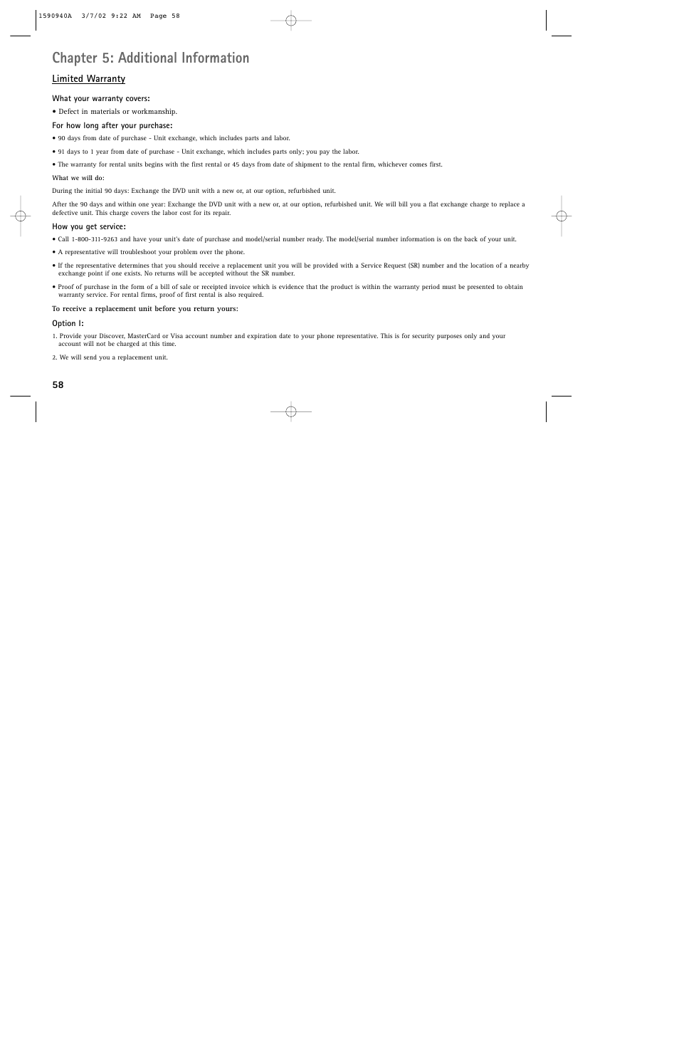 Chapter 5: additional information, Limited warranty | RCA DRC220N User Manual | Page 60 / 68