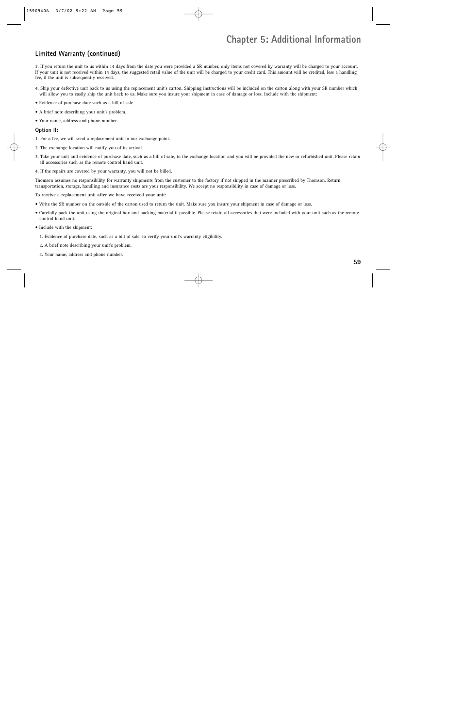 Chapter 5: additional information, 59 limited warranty (continued) | RCA DRC220N User Manual | Page 61 / 68