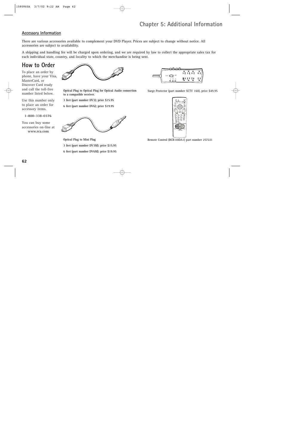 Chapter 5: additional information, How to order, Accessory information | RCA DRC220N User Manual | Page 64 / 68