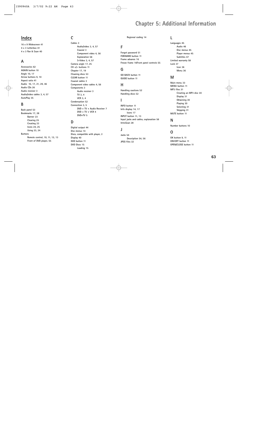 Chapter 5: additional information, Index | RCA DRC220N User Manual | Page 65 / 68