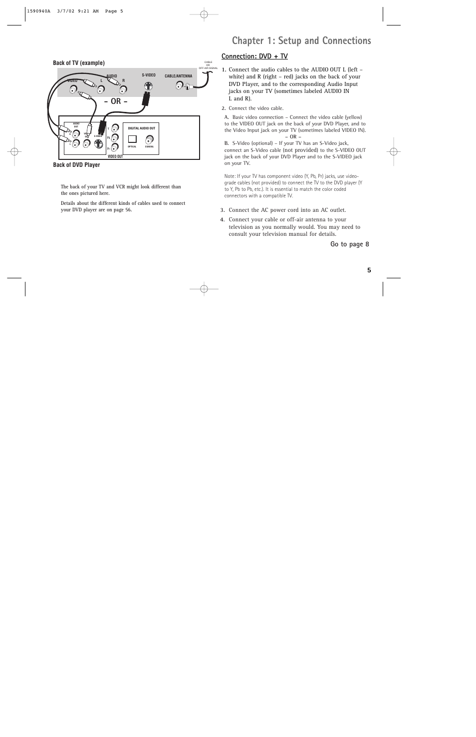 Chapter 1: setup and connections, Connection: dvd + tv, Go to page 8 | RCA DRC220N User Manual | Page 7 / 68