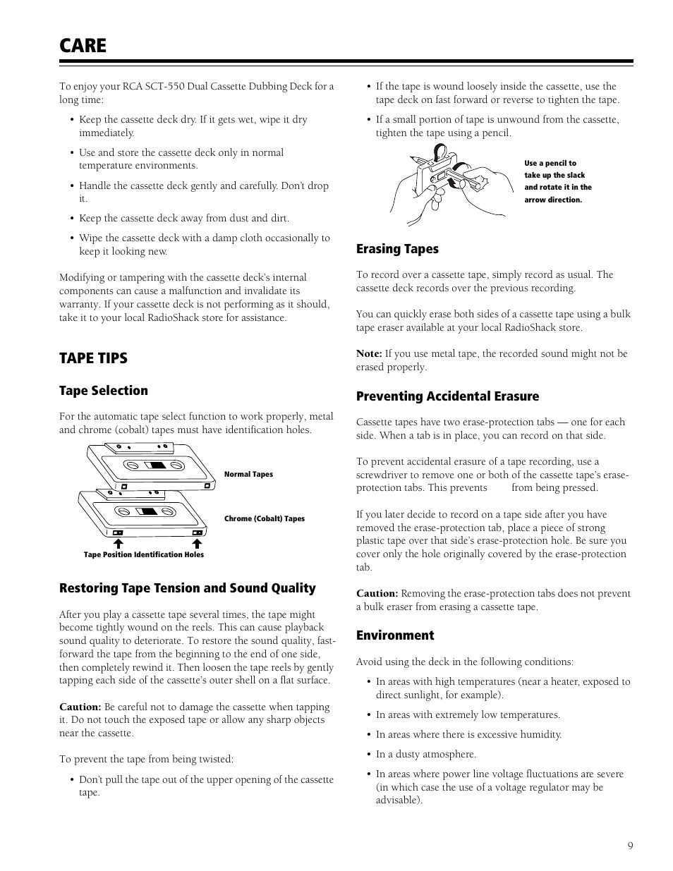 Care, Tape tips | RCA SCT-550 User Manual | Page 9 / 12