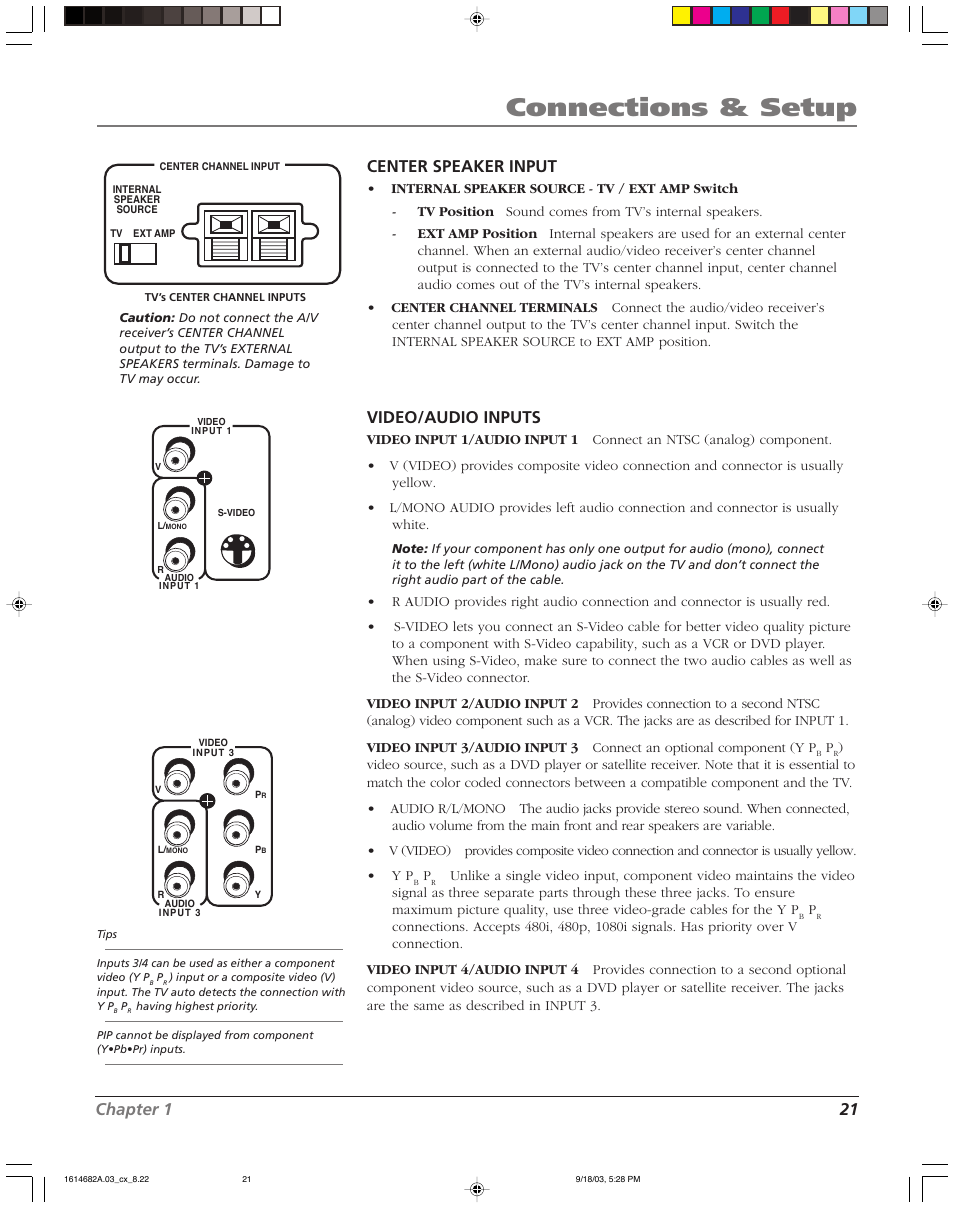 Connections & setup, Chapter 1 21 center speaker input, Video/audio inputs | RCA HDLP61 User Manual | Page 23 / 96