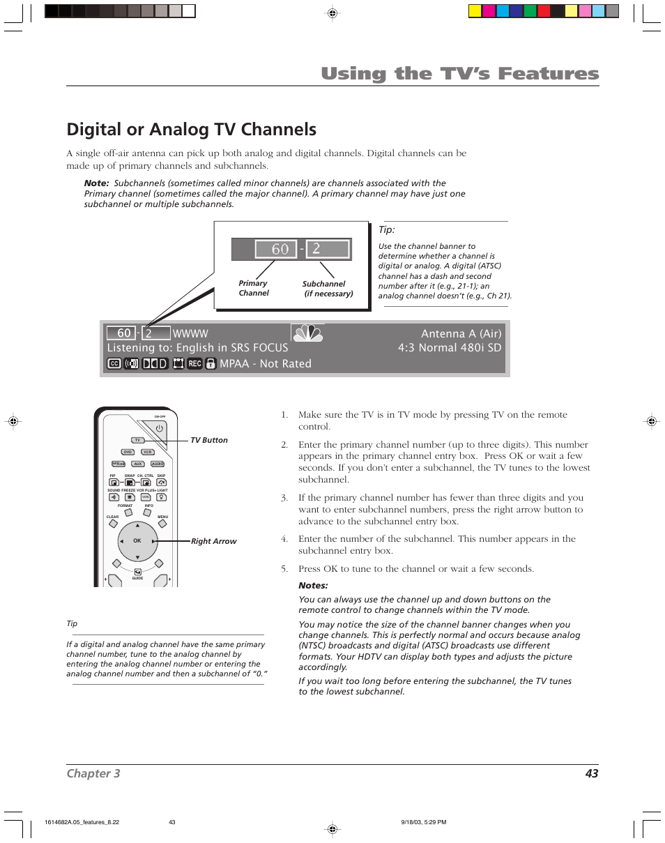 Using the tv’s features, Digital or analog tv channels, Chapter 3 43 | RCA HDLP61 User Manual | Page 45 / 96