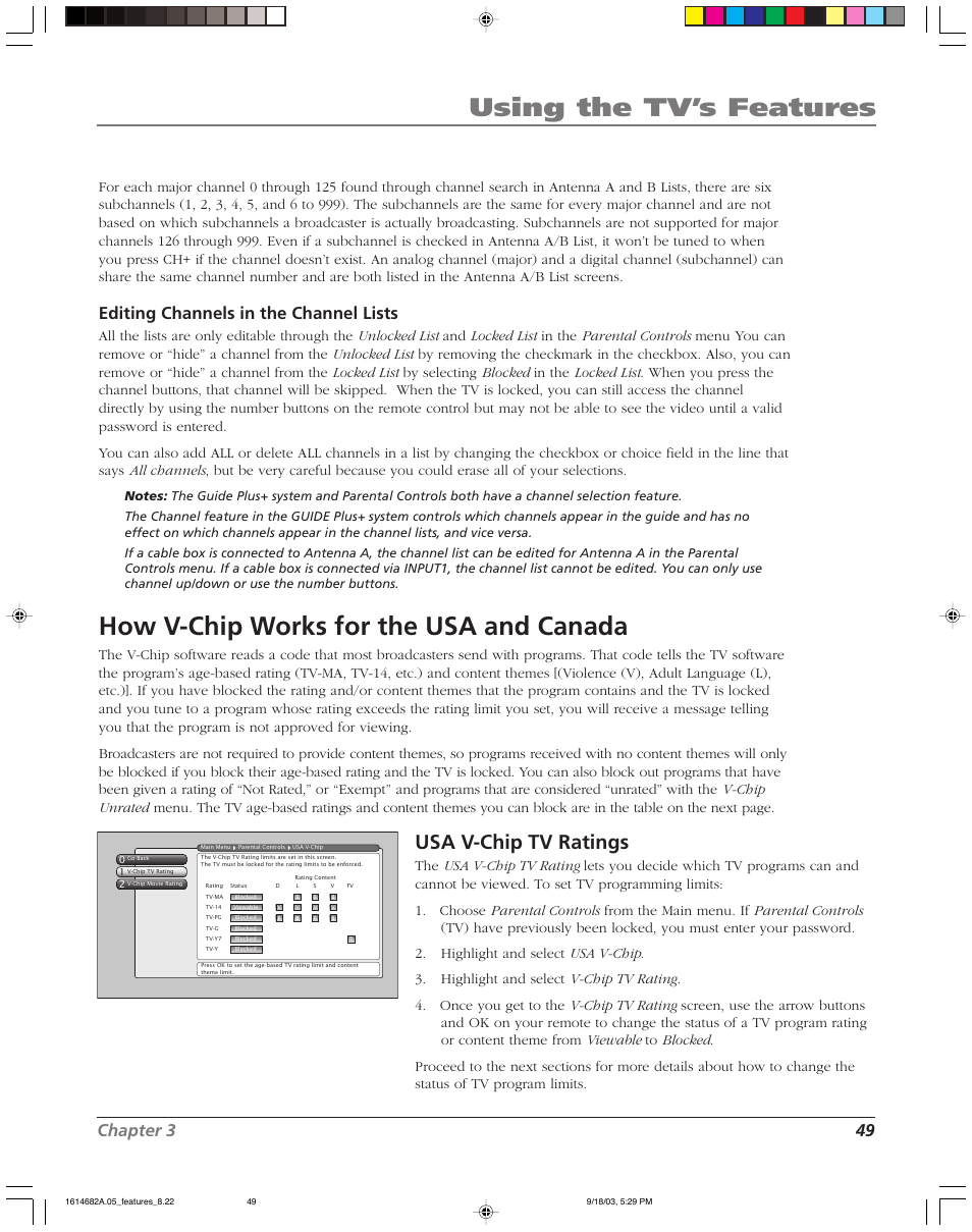 Using the tv’s features, How v-chip works for the usa and canada, Usa v-chip tv ratings | Chapter 3 49, Editing channels in the channel lists | RCA HDLP61 User Manual | Page 51 / 96