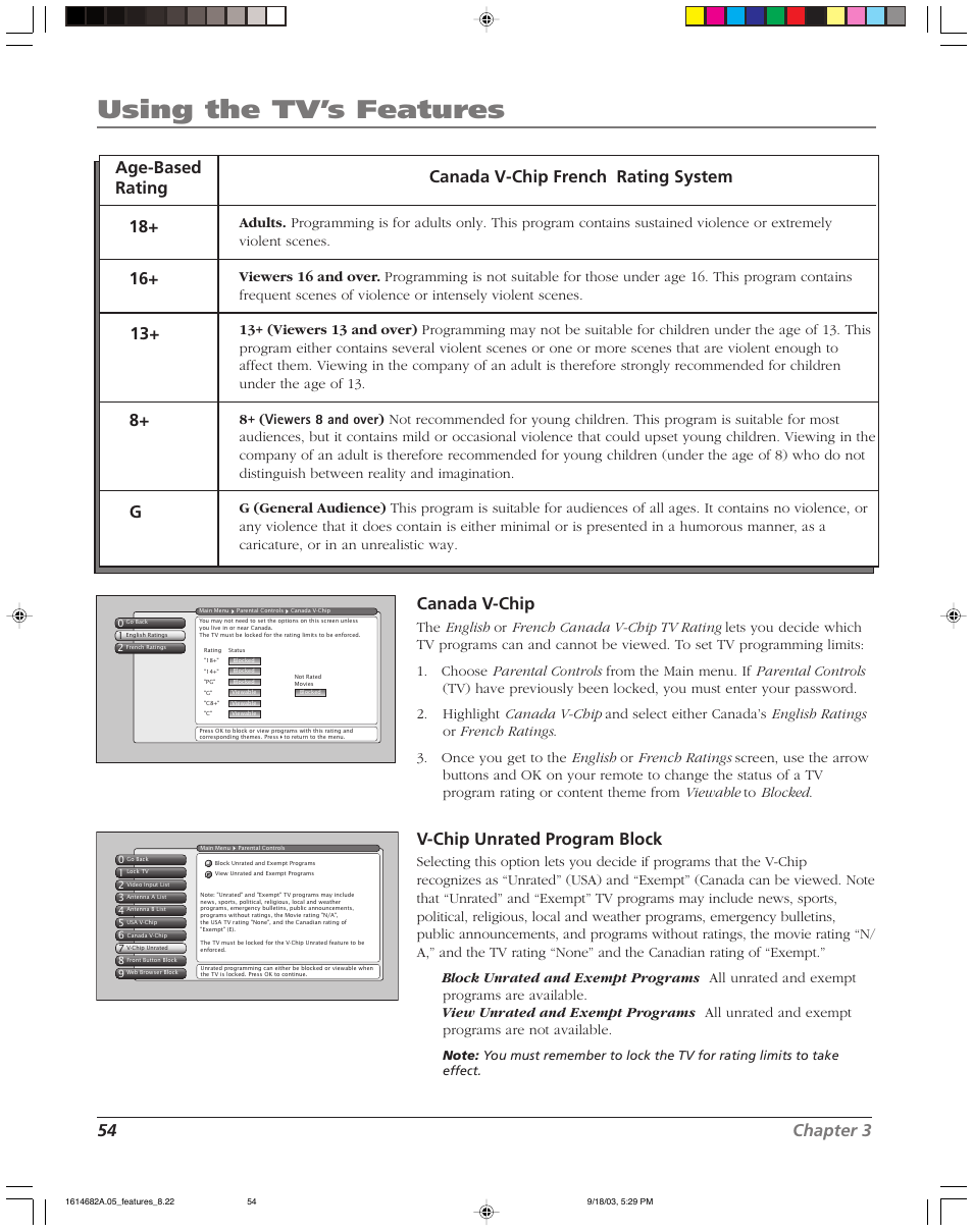 Using the tv’s features, 54 chapter 3 canada v-chip, V-chip unrated program block | RCA HDLP61 User Manual | Page 56 / 96