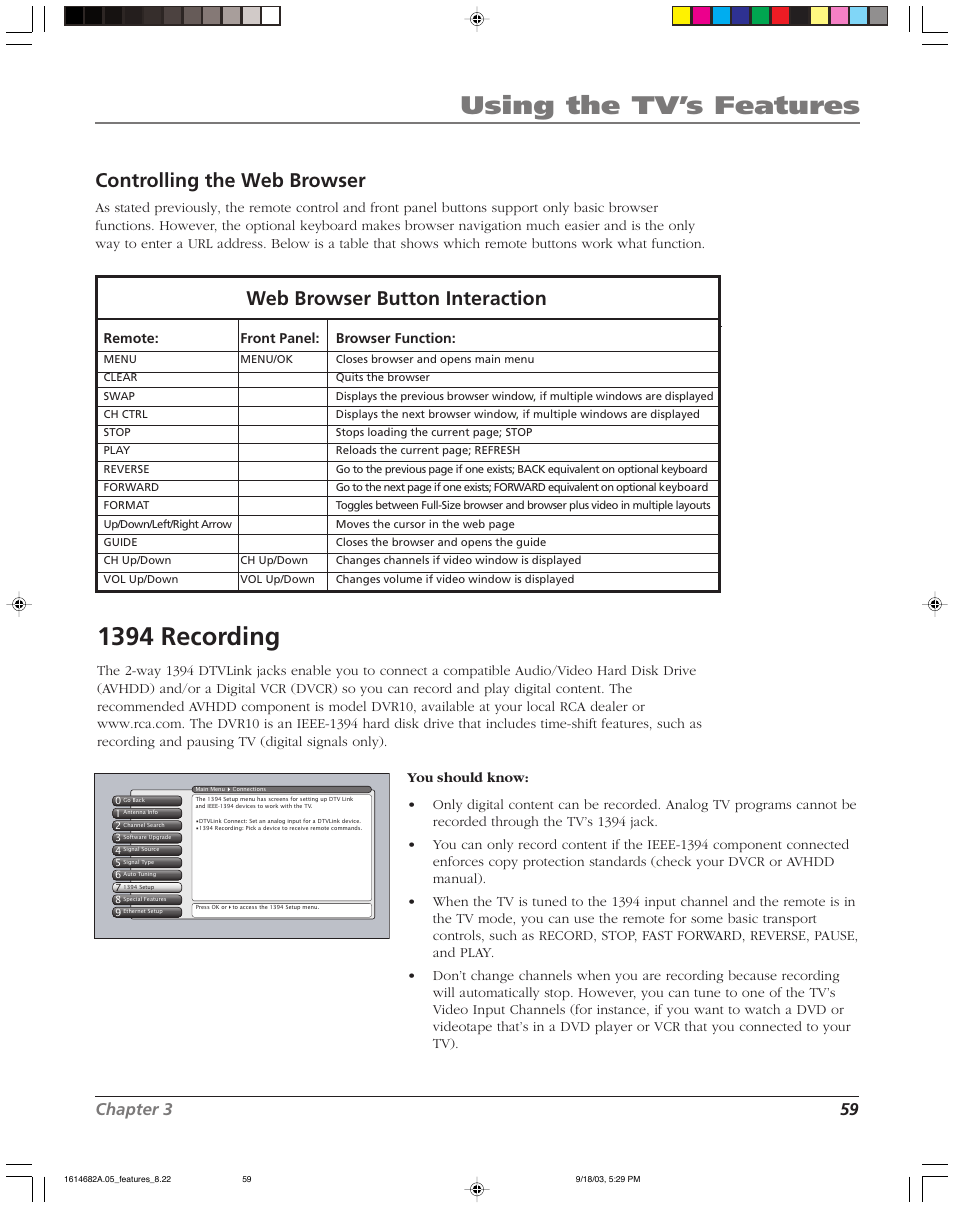 Using the tv’s features, 1394 recording, Controlling the web browser | Web browser button interaction, Chapter 3 59 | RCA HDLP61 User Manual | Page 61 / 96