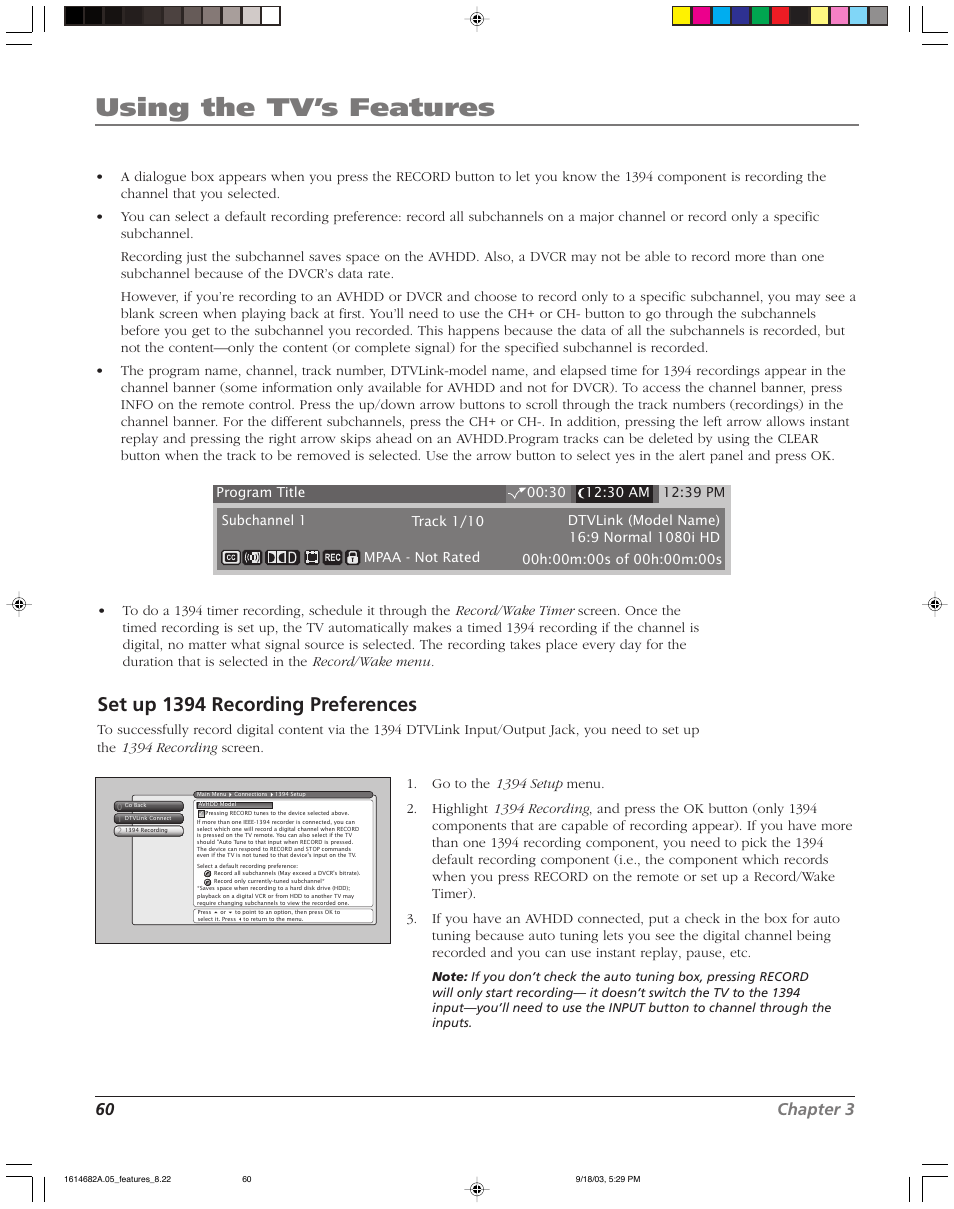 Using the tv’s features, Set up 1394 recording preferences, 60 chapter 3 | RCA HDLP61 User Manual | Page 62 / 96