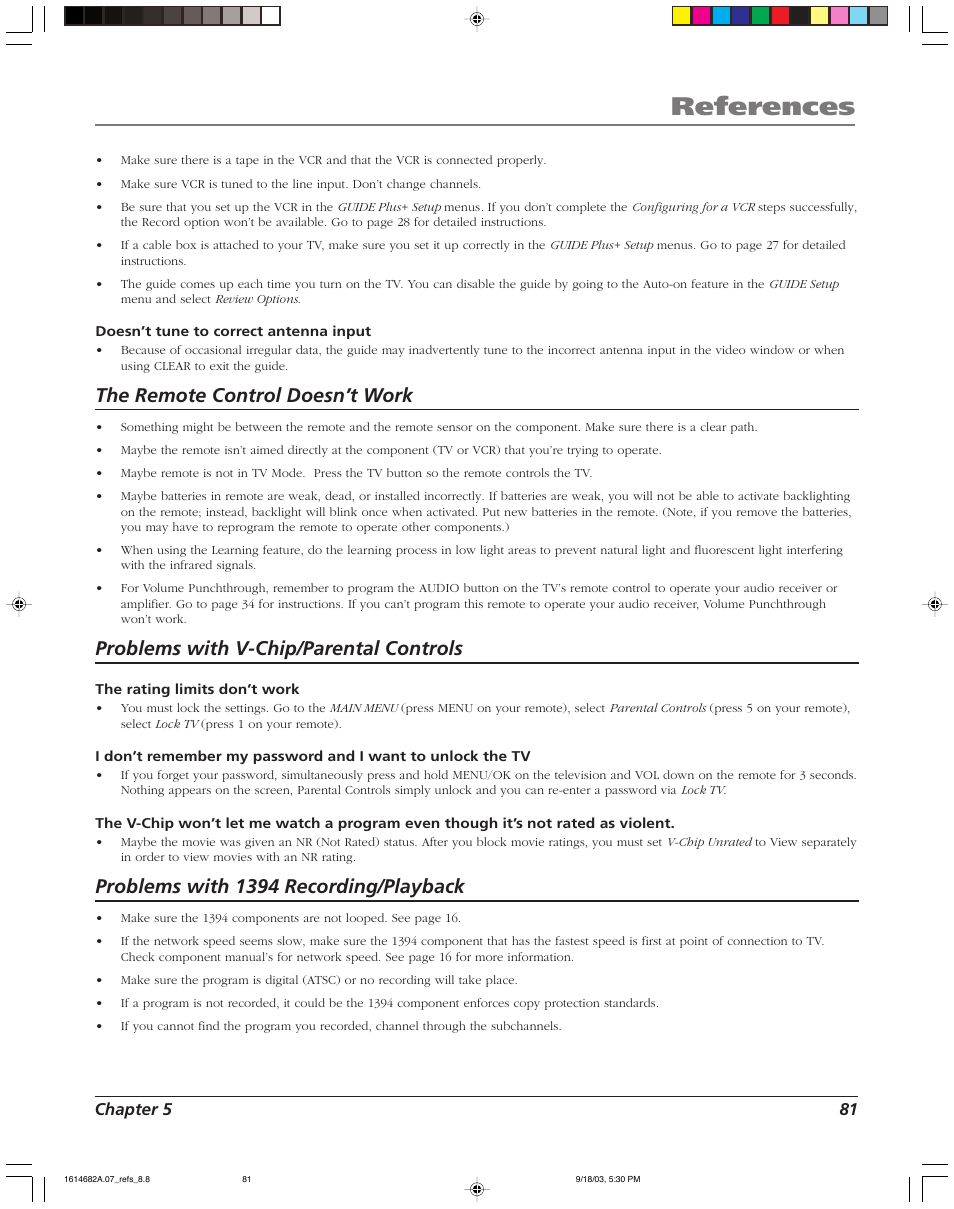 References, The remote control doesn’t work, Problems with v-chip/parental controls | Problems with 1394 recording/playback | RCA HDLP61 User Manual | Page 83 / 96