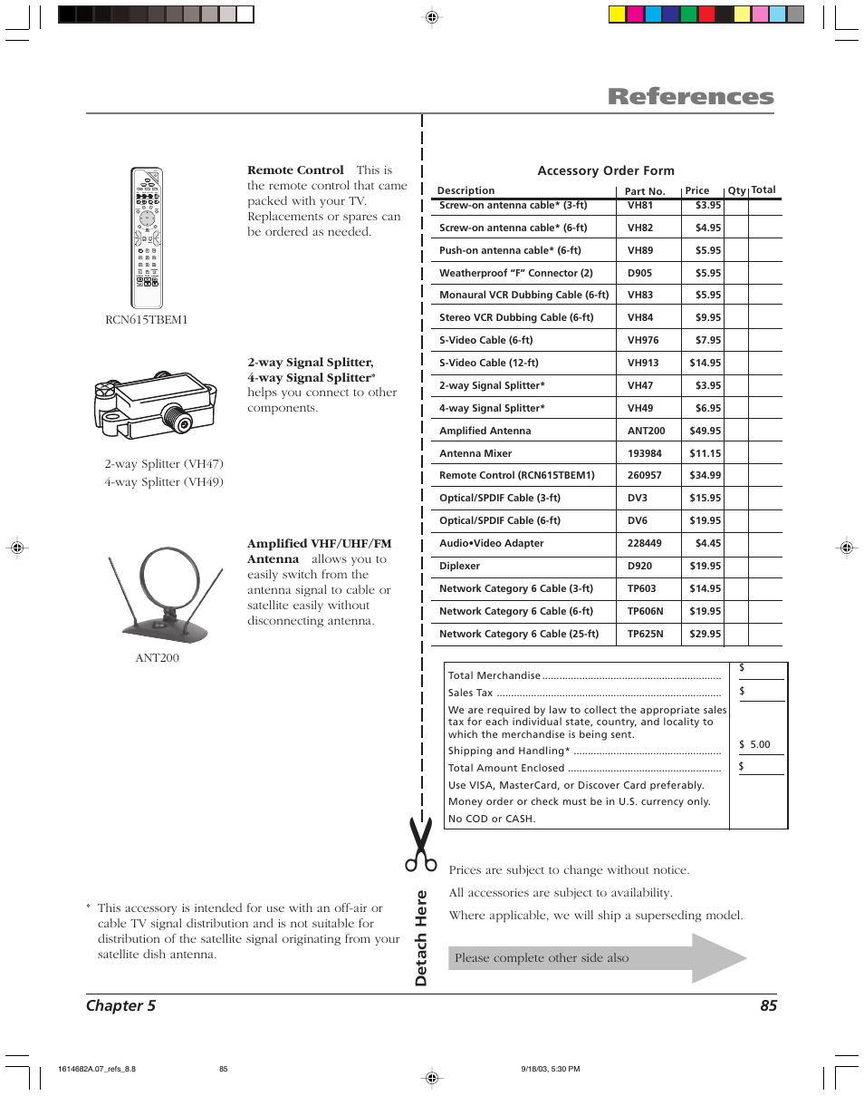 References, Chapter 5 85, Detach her e | RCA HDLP61 User Manual | Page 87 / 96