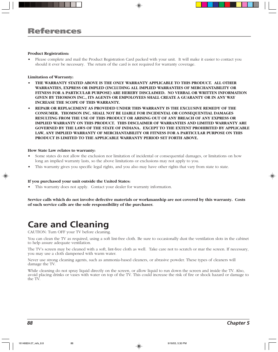 Care and cleaning, References | RCA HDLP61 User Manual | Page 90 / 96