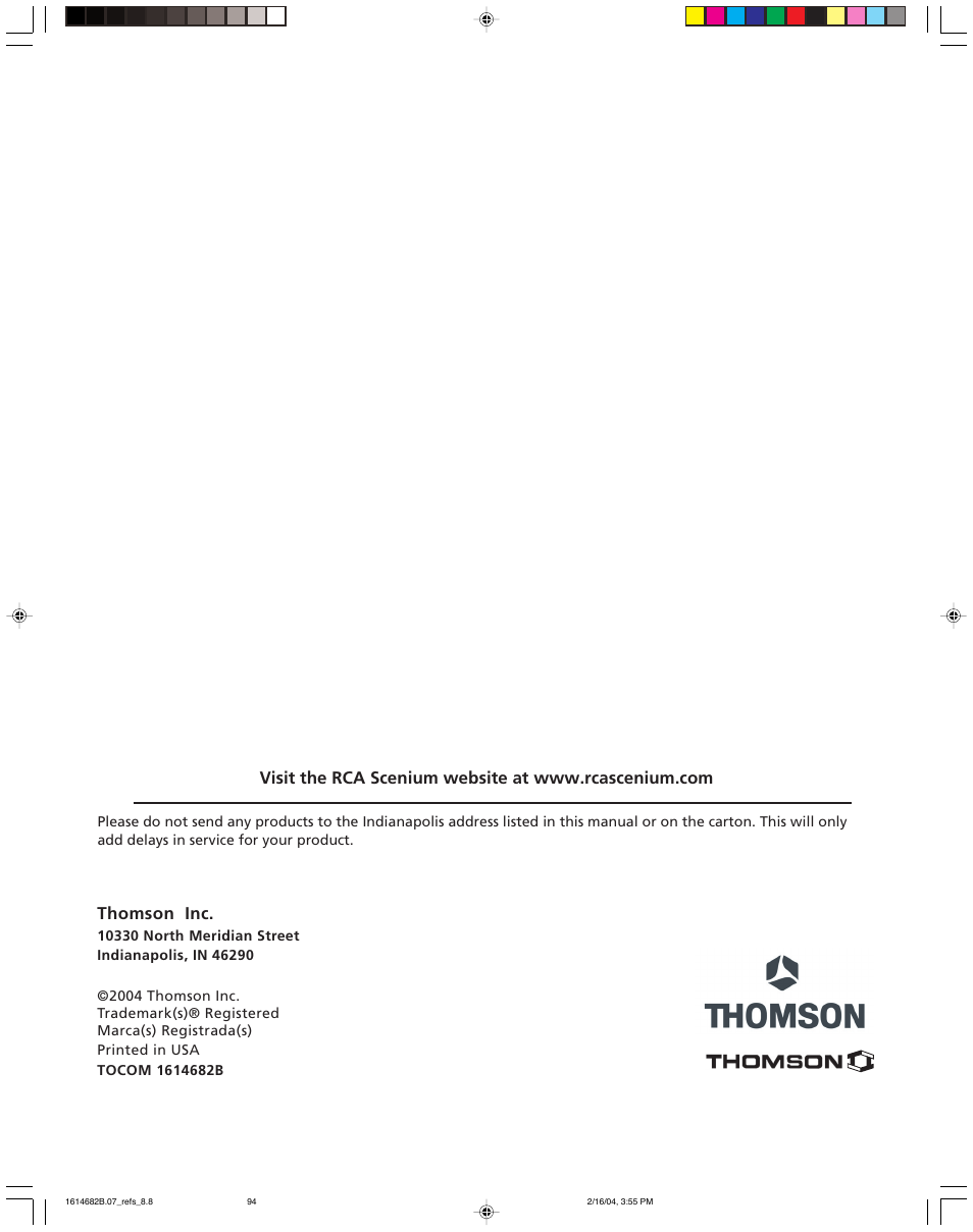Thomson inc | RCA HDLP61 User Manual | Page 96 / 96