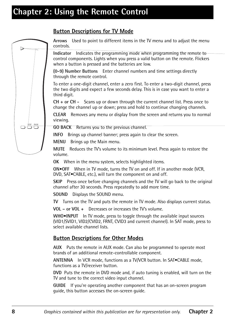 Chapter 2: using the remote control, 8chapter 2, Button descriptions for tv mode | Button descriptions for other modes | RCA 1616362A User Manual | Page 10 / 32