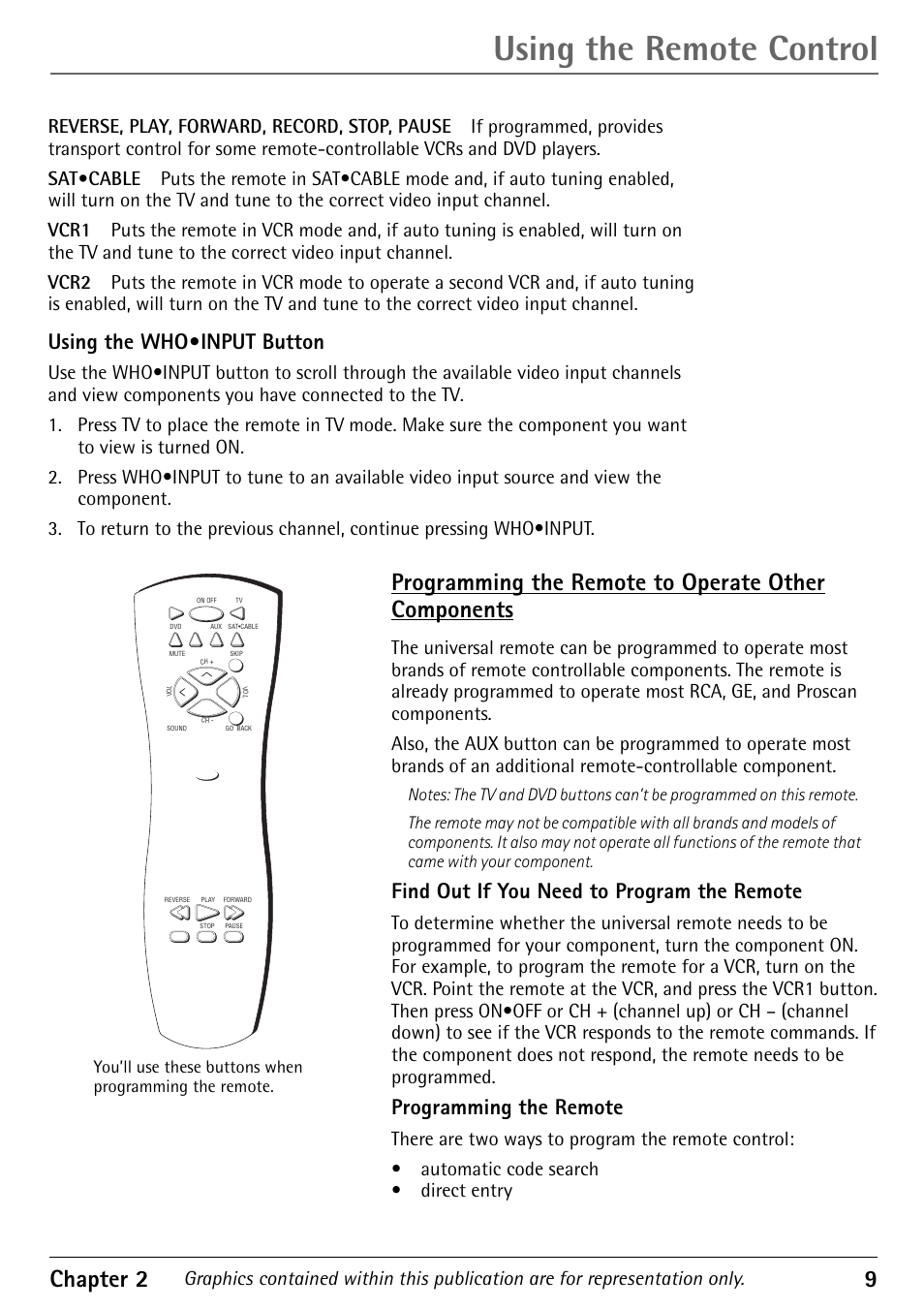 Using the remote control, Chapter 2 9, Programming the remote to operate other components | Using the who•input button, Find out if you need to program the remote, Programming the remote | RCA 1616362A User Manual | Page 11 / 32