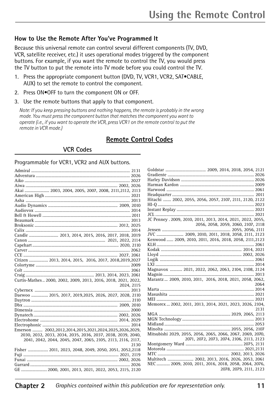 Using the remote control, Chapter 2 11, Remote control codes | How to use the remote after you’ve programmed it, Vcr codes | RCA 1616362A User Manual | Page 13 / 32