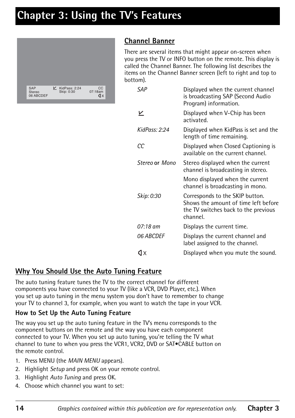 Chapter 3: using the tv’s features, 14 chapter 3, Channel banner | Why you should use the auto tuning feature | RCA 1616362A User Manual | Page 16 / 32