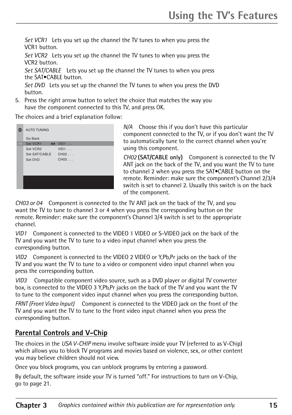 Using the tv’s features, Chapter 3 15, Parental controls and v-chip | RCA 1616362A User Manual | Page 17 / 32