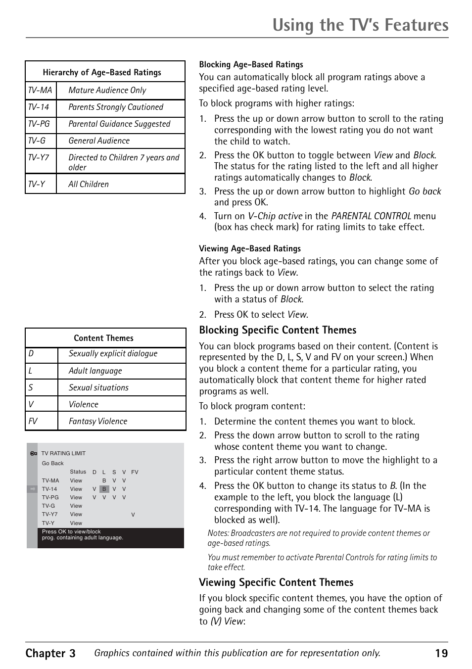 Using the tv’s features, Chapter 3 19, Blocking specific content themes | Viewing specific content themes | RCA 1616362A User Manual | Page 21 / 32