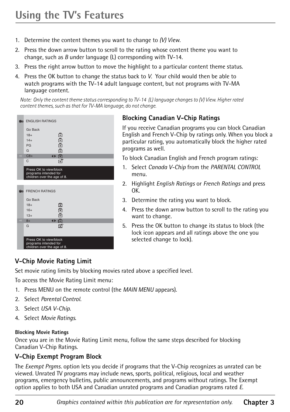 Using the tv’s features, 20 chapter 3, Blocking canadian v-chip ratings | V-chip movie rating limit, V-chip exempt program block | RCA 1616362A User Manual | Page 22 / 32