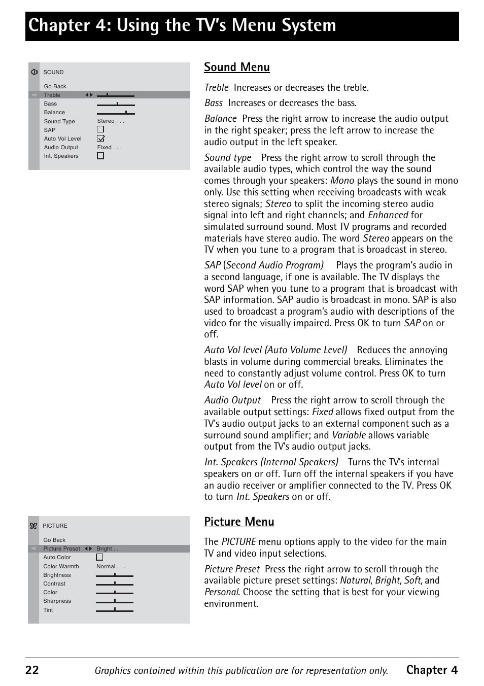 Chapter 4: using the tv’s menu system, 22 chapter 4, Sound menu | Picture menu | RCA 1616362A User Manual | Page 24 / 32
