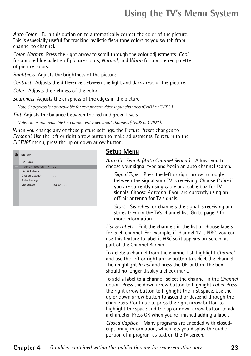 Using the tv’s menu system, Chapter 4 23, Setup menu | RCA 1616362A User Manual | Page 25 / 32