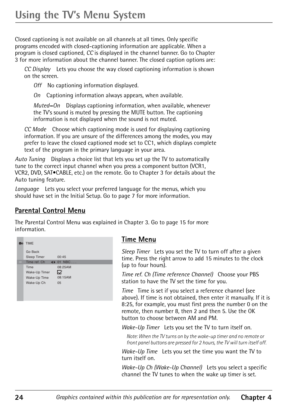Using the tv’s menu system, 24 chapter 4, Parental control menu | Time menu | RCA 1616362A User Manual | Page 26 / 32