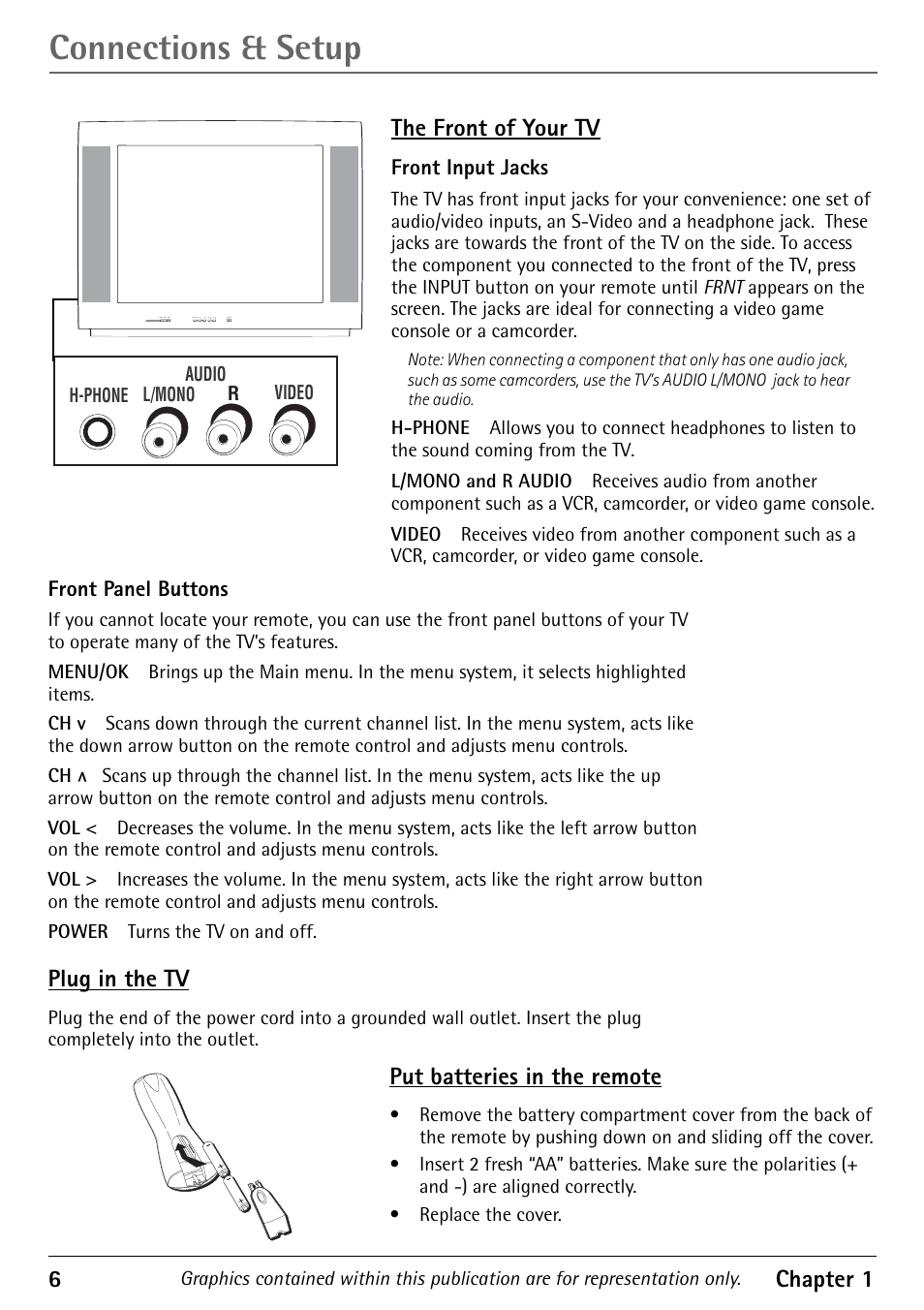 Connections & setup, 6chapter 1, The front of your tv | Plug in the tv, Put batteries in the remote | RCA 1616362A User Manual | Page 8 / 32