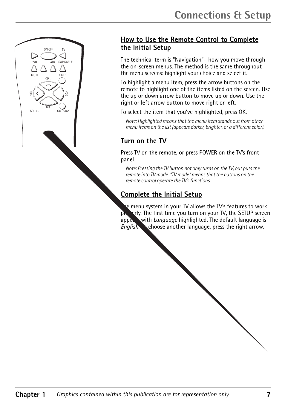 Connections & setup, Chapter 1 7, Turn on the tv | Complete the initial setup | RCA 1616362A User Manual | Page 9 / 32