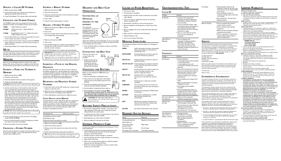 Id n, Emory, Eadset | Peration, Hanging, Attery, Afety, Recautions, Eneral, Roduct | RCA 27930 User Manual | Page 2 / 2