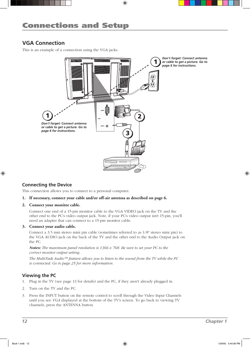 Connections and setup, Vga connection | RCA LCD User Manual | Page 12 / 44