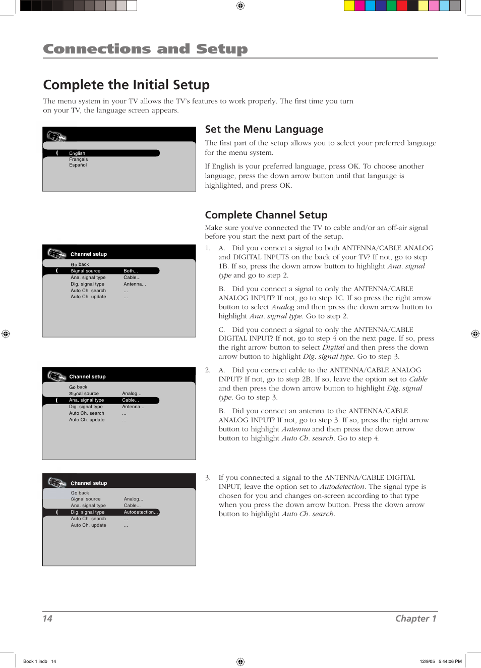 Connections and setup, Complete the initial setup, Set the menu language | Complete channel setup, 14 chapter 1 | RCA LCD User Manual | Page 14 / 44