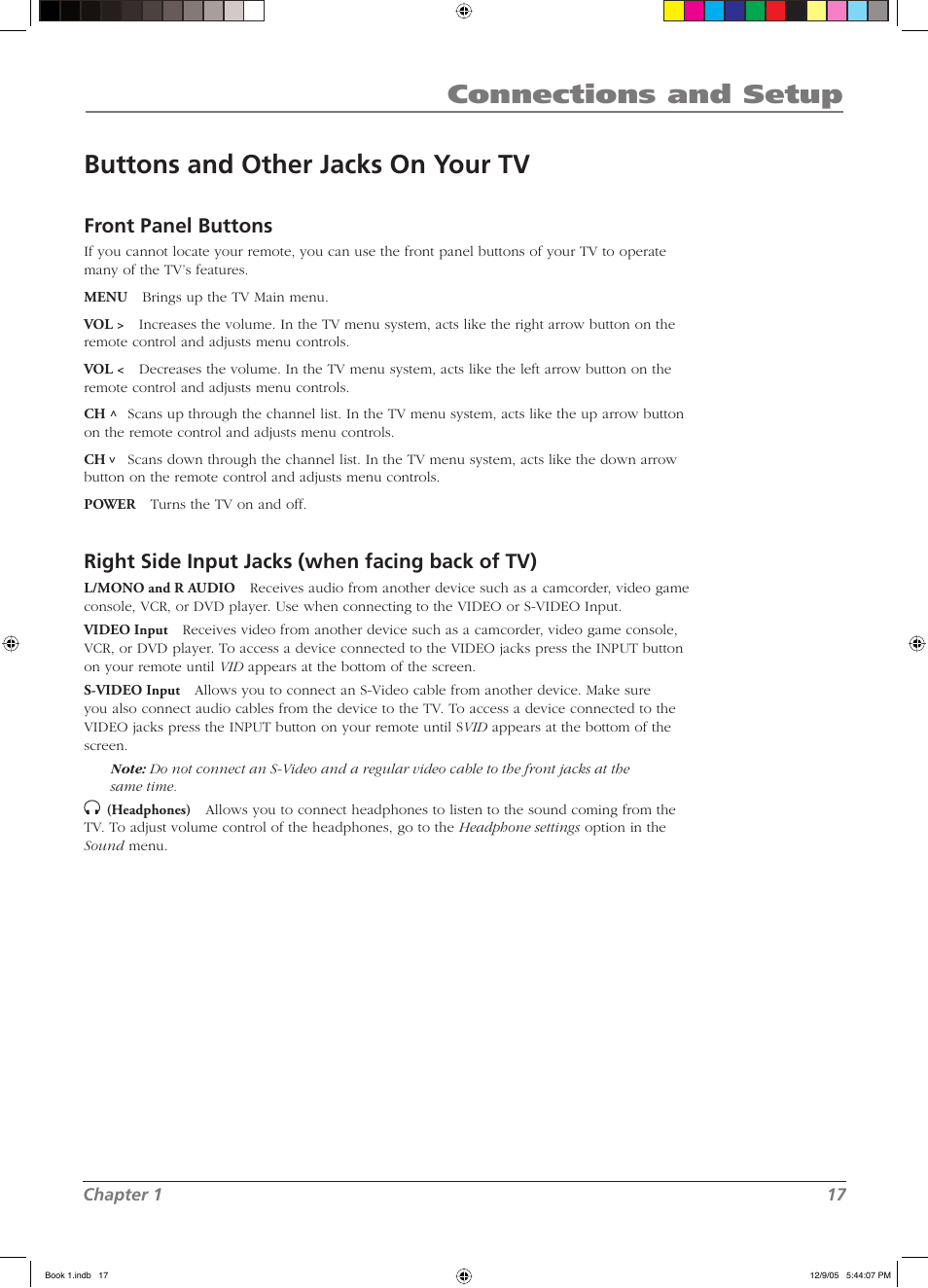 Connections and setup, Buttons and other jacks on your tv, Front panel buttons | Right side input jacks (when facing back of tv) | RCA LCD User Manual | Page 17 / 44
