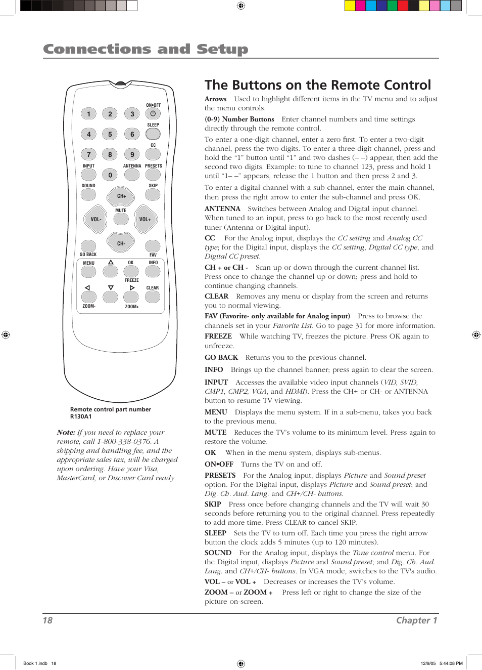 Connections and setup, The buttons on the remote control, 18 chapter 1 | RCA LCD User Manual | Page 18 / 44