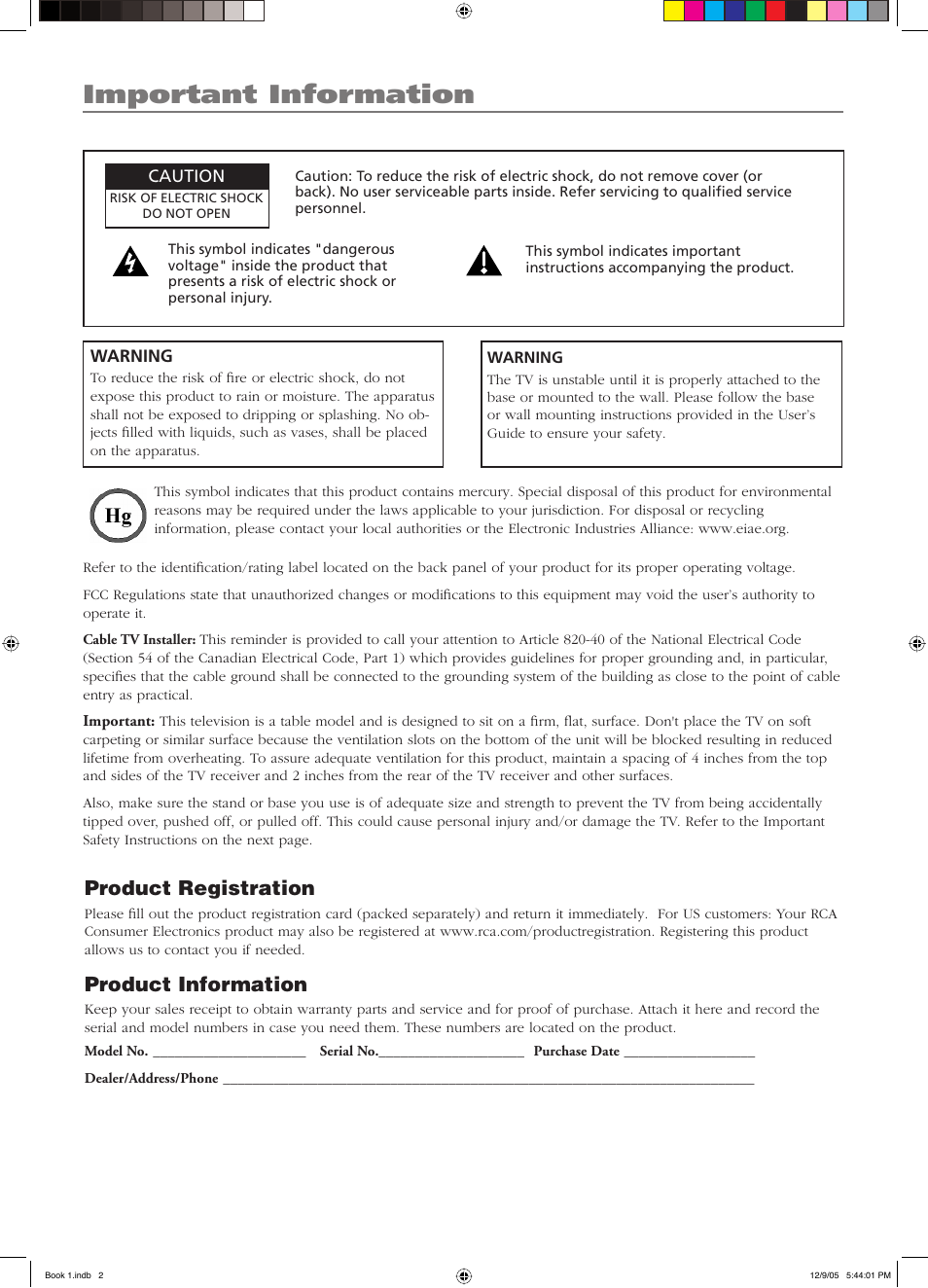 Important information, Product registration, Product information | RCA LCD User Manual | Page 2 / 44
