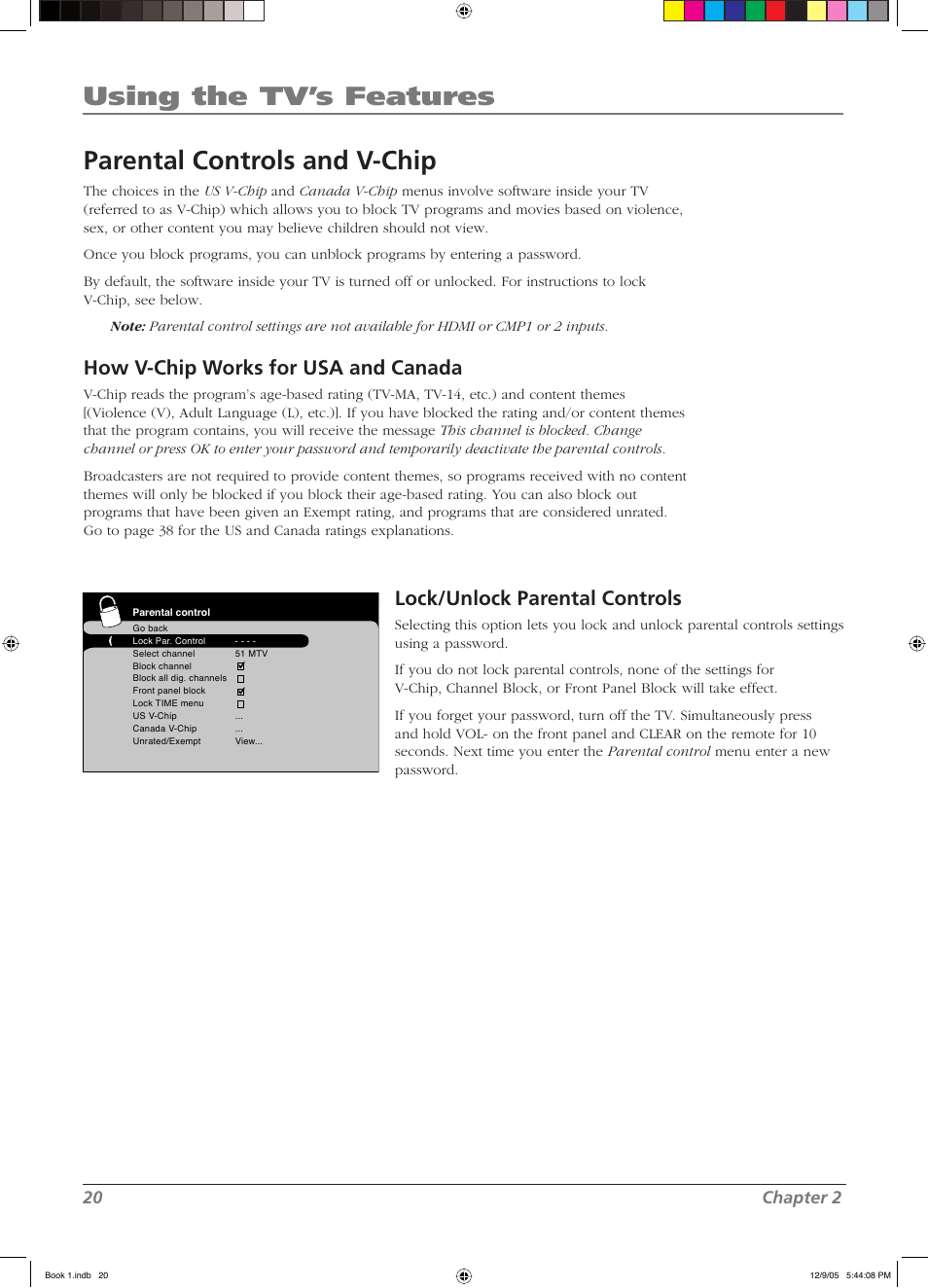 Using the tv’s features, Parental controls and v-chip, How v- chip works for usa and canada | Lock/unlock parental controls, 20 chapter 2 | RCA LCD User Manual | Page 20 / 44