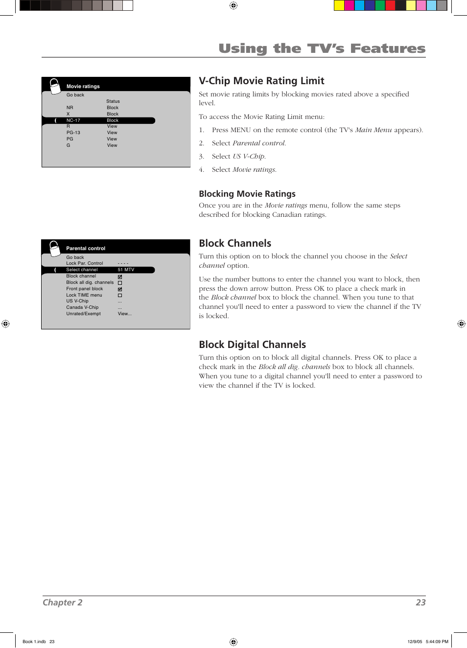 Using the tv’s features, V-chip movie rating limit, Block channels | Block digital channels, Chapter 2 23, Blocking movie ratings | RCA LCD User Manual | Page 23 / 44