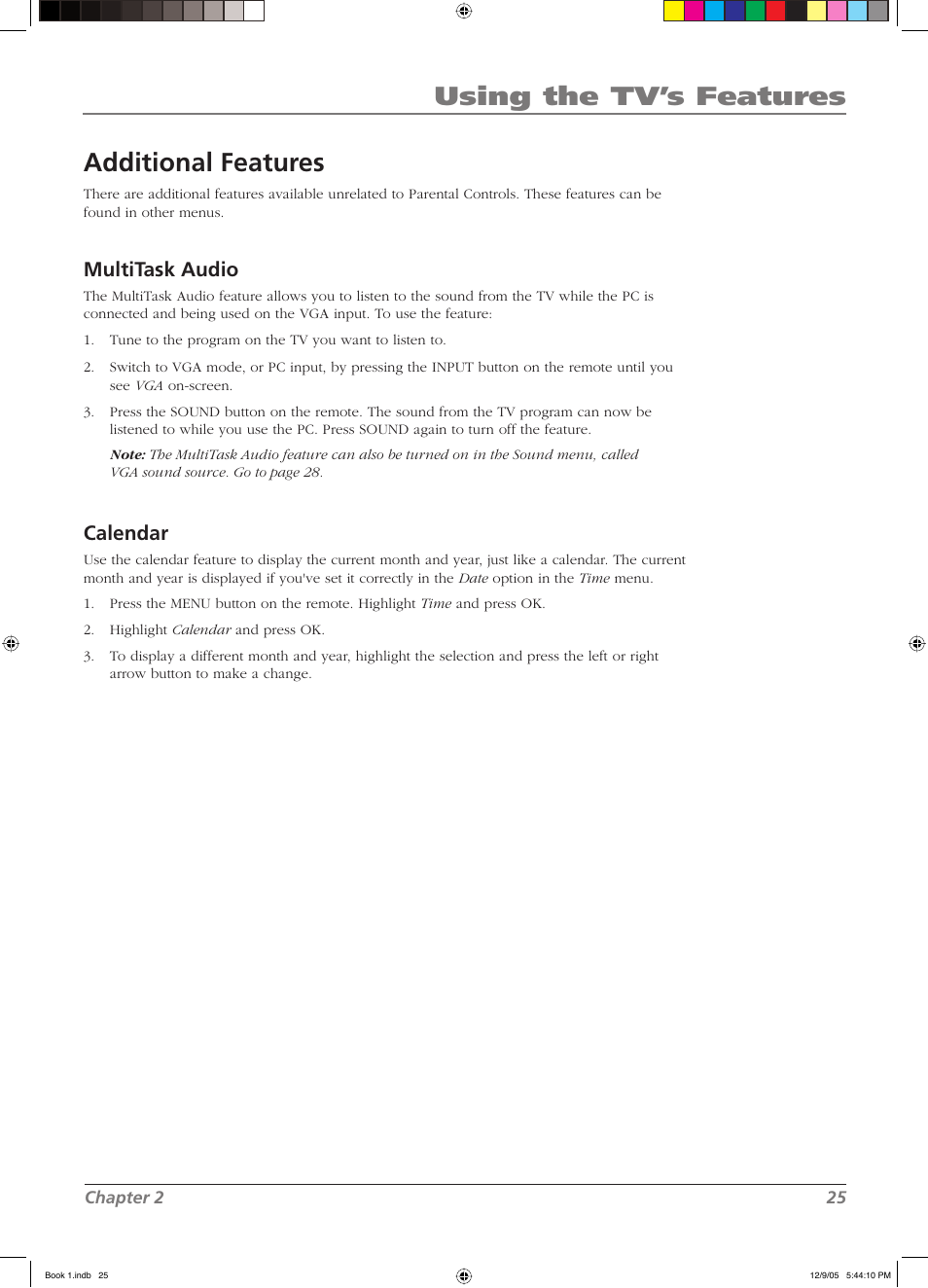 Using the tv’s features additional features, Multitask audio, Calendar | RCA LCD User Manual | Page 25 / 44