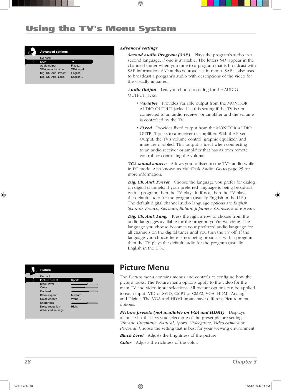 Using the tv's menu system, Picture menu, 28 chapter 3 | RCA LCD User Manual | Page 28 / 44