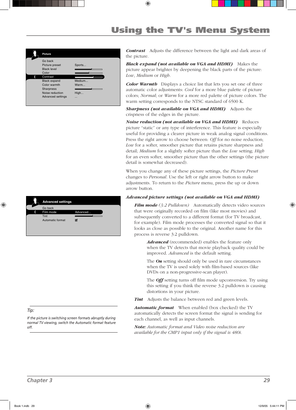 Using the tv's menu system, Chapter 3 29 | RCA LCD User Manual | Page 29 / 44