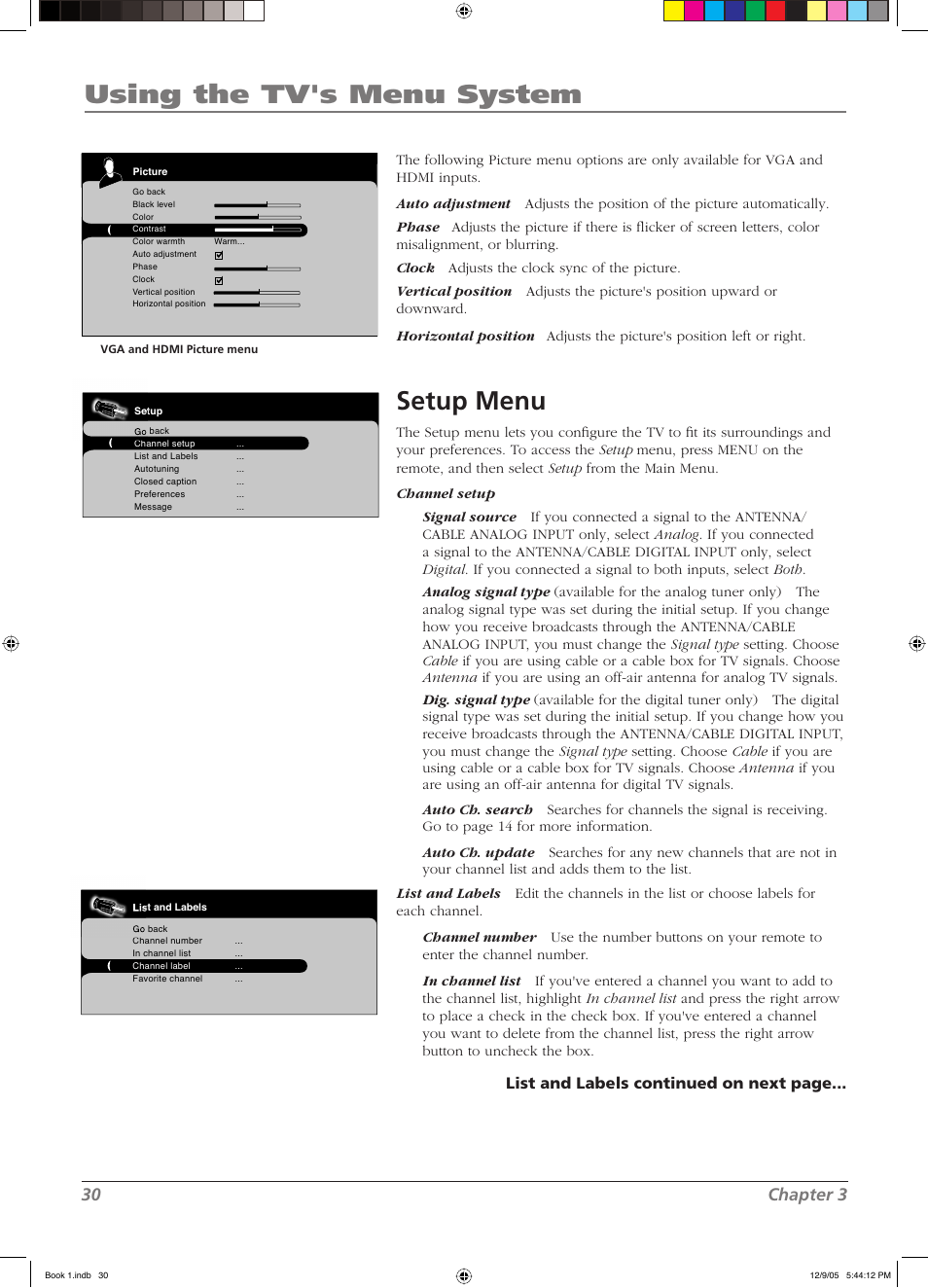 Using the tv's menu system, Setup menu, 30 chapter 3 | List and labels continued on next page | RCA LCD User Manual | Page 30 / 44